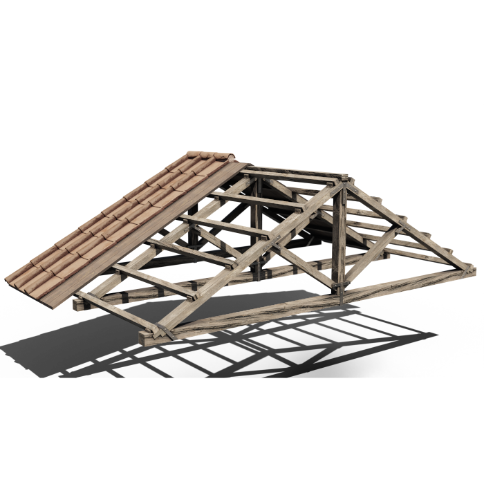 A 3D render of a wooden roof truss structure with a section of terracotta roof tiles on the left side, casting shadows on a transparent background.